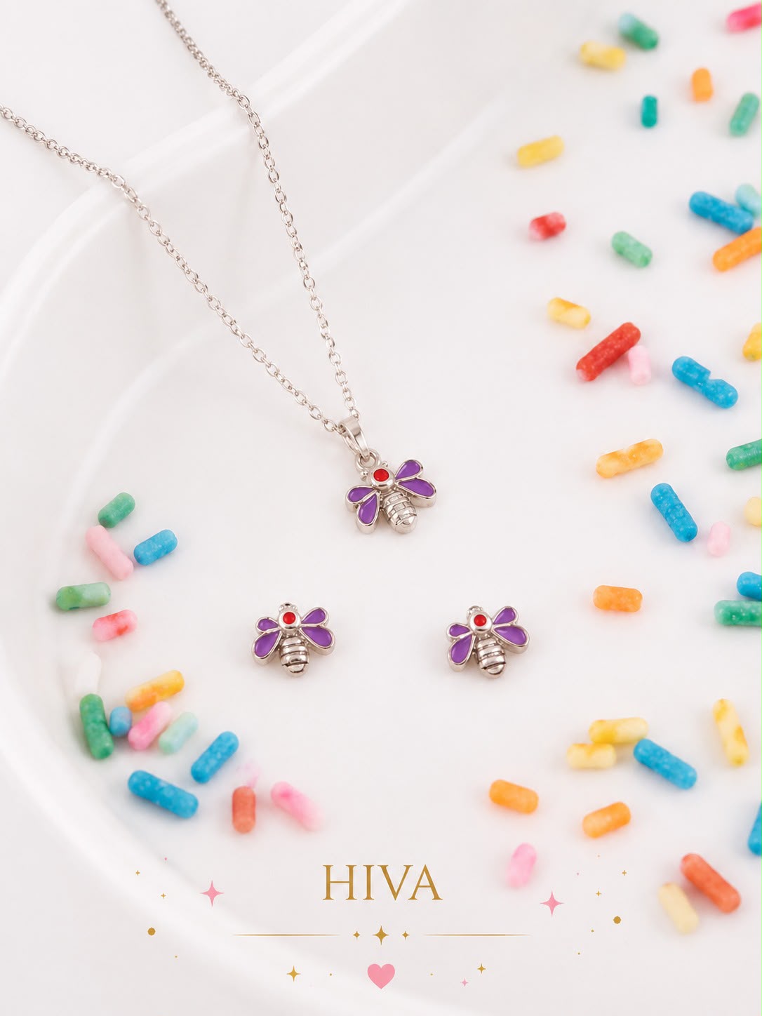 Kids Purple Bee Pendant & Stud Earrings Set
