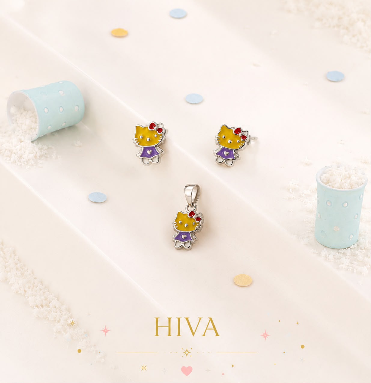 Kids Kitty Pendant & Stud Earrings Set