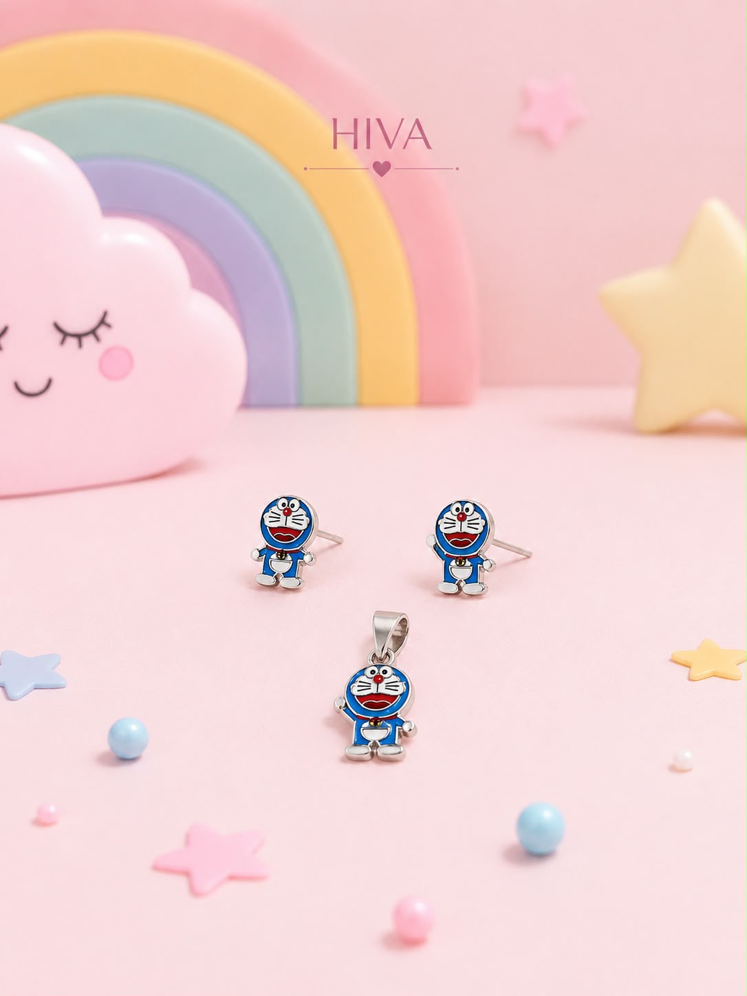 Kids Doraemon Pendant & Stud Earrings Set